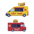 Set of dood trucks. Vans for burgers and fast food selling cartoon vector illustration