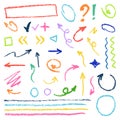 Set of doodle abstract crayon pencil, chalk arrows, lines, strokes, frames. Vector hand drawn scribble multicolor shapes