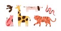 Set of doodle abstract trendy wild animals and pets. Stylish modern contemporary art. Bird, snake, giraffe, dog, tiger