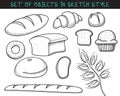 Set of 10 doodle bread baking. Sketch bread. Doodle baguette