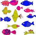 Set of doodle bright fishes perfect for stickers design or other