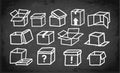 Set of doodle cardboard boxes on blackboard background. Vector sketch illustration. Royalty Free Stock Photo