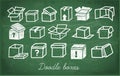 Set of doodle cardboard boxes on green chalkboard background. Vector sketch illustration. Royalty Free Stock Photo