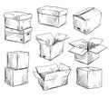 Set of doodle cardboard boxes. Vector illustration.