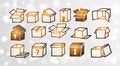 Set of doodle cardboard boxes on white glowing background. Vector sketch illustration. Royalty Free Stock Photo