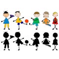 Set of doodle cartoon kids and silhouettes