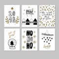 Set of doodle Christmas greeting card. Vector hand drawn cute icons. Scandinavian style. Xmas tree, houses, garland Royalty Free Stock Photo