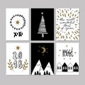 Set of doodle Christmas greeting card. Vector hand drawn cute icons. Scandinavian style. Xmas tree, houses, garland Royalty Free Stock Photo