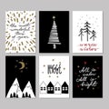 Set of doodle Christmas greeting cards. Vector hand drawn cute icons. Scandinavian style. Xmas tree, house, garland Royalty Free Stock Photo