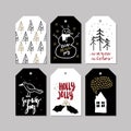 Set of doodle Christmas greeting tag. Vector hand drawn cute icons. Scandinavian style. Xmas tree, house, snowman, bird Royalty Free Stock Photo