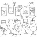 Set of doodle cocktails in different glasses illuminating contour drinks