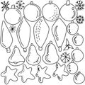 Set of doodle contour sketches of Christmas tree toys and balls, coloring page from decor elements for Christmas