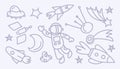 A set of Doodle cosmos illustrations, elements for any purpose. Spacecraft, planets, stars and UFOs. Print vector lines