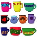 Set of doodle cups of different colors, cartoon style mugs with ornate patterns Royalty Free Stock Photo