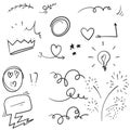 Set of doodle elements. Arrow, heart, love, speech bubble, star, leaf, sun,light,check marks ,crown, king, queen,Swishes, swoops, Royalty Free Stock Photo