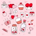 set of doodle elements for valentine's day. Letters, declarations of love, cupcakes, a jar of hearts, balloons, love