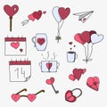 set of doodle elements for valentine's day. Letters, declarations of love, cupcakes, love, postcards, hugs, couple