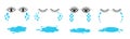Set of doodle eyes crying with tear drops and puddles. Cartoon weeping emoji collection.