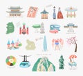 Set of doodle flat vector illustration sights of south korea for travel card