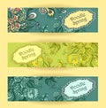 Set Doodle floral banners in blue marine green