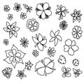 Set of doodle flowers elemets, outline blooming plants