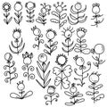 Set of doodle flowers with a round center, floral elements of thin lines with different petals and leaves Royalty Free Stock Photo