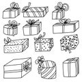 Set of doodle gift boxes with bows of various shapes and sizes, presents coloring page in isometric