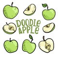 Set of doodle green apples with stem and leaf. Healthy vegetarian food. Cartoon comics style with contour. Decoration for greeting