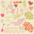 Set of doodle heart drawings, flowers and design elements, vector graphic.