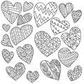 Set of doodle hearts with zen patterns, valentines of various shapes and sizes in coloring page style Royalty Free Stock Photo