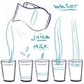 Set doodle icons - Blue Jug and glasses with a drink - milk, water, juice - pouring glass