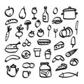 Set of doodle icons of food, drink and kitchen utensils,