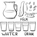 Set doodle icons - Jug and glasses with a drink - milk, water - Royalty Free Stock Photo