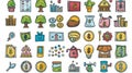 Set of doodle icons related to finance, banking, and investments. Includes money tree in flower pot, building, purse Royalty Free Stock Photo
