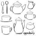 Set doodle icons - Tea and coffee - teapot, coffeepot, sugar bow