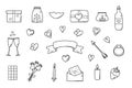 A set of doodle icons for Valentine s Day or wedding. Vector illustration of romantic accessories candles hearts ring bottle and