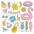 A set of doodle illustrations of summer time. Holidays, rest. A trip to the sea. Royalty Free Stock Photo