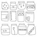 Set of doodle jars with hearts, cute containers with symbols of love and positive, outline containers for emotions