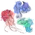 Set of doodle marine fish and jellyfish, decorated boho pattern