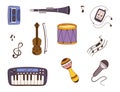 Set Of Doodle Musical Instrument And Music Items. Violin, Pipe, Maraca And Drum, Synthesizer, Microphone Or Player