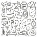 Set of doodle gym and fitness icons. Royalty Free Stock Photo