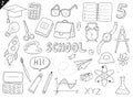 Set of doodle outline icons back to school. School items, supplies, stationery, Hand-drawn black and white vector illustration. Royalty Free Stock Photo