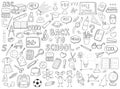 Set of doodle outline icons back to school. School items, supplies, stationery, Hand-drawn black and white vector illustration. Royalty Free Stock Photo