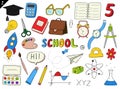 Set of doodle outline icons back to school. School items, supplies, stationery, Hand-drawn black and white vector illustration. Royalty Free Stock Photo