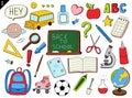 Set of doodle outline icons back to school. School items, supplies, stationery, Hand-drawn black and white vector illustration. Royalty Free Stock Photo