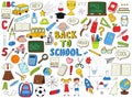 Set of doodle outline icons back to school. School items, supplies, stationery, Hand-drawn black and white vector illustration. Royalty Free Stock Photo
