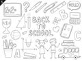 Set of doodle outline icons back to school. School items, supplies, stationery, Hand-drawn black and white vector illustration. Royalty Free Stock Photo