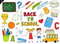 Set of doodle outline icons back to school. School items, supplies, stationery, Hand-drawn black and white vector illustration. Royalty Free Stock Photo