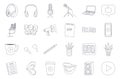 Set of doodle outline icons, symbols of a podcast, radio show, broadcast. Microphones, laptop, pencil, hand lettering