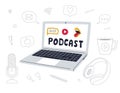 Set of doodle outline podcast elements, symbols, icons. And open laptop with a Podcast word, open mouth and Play button on screen